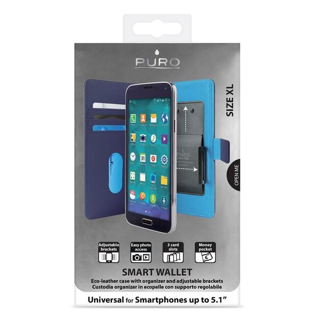 PURO Smart Wallet - Universalus dėklas su laikikliu fotografavimui su kišenėmis kortelėms ir pinigams, XL dydis (mėlyna) 5