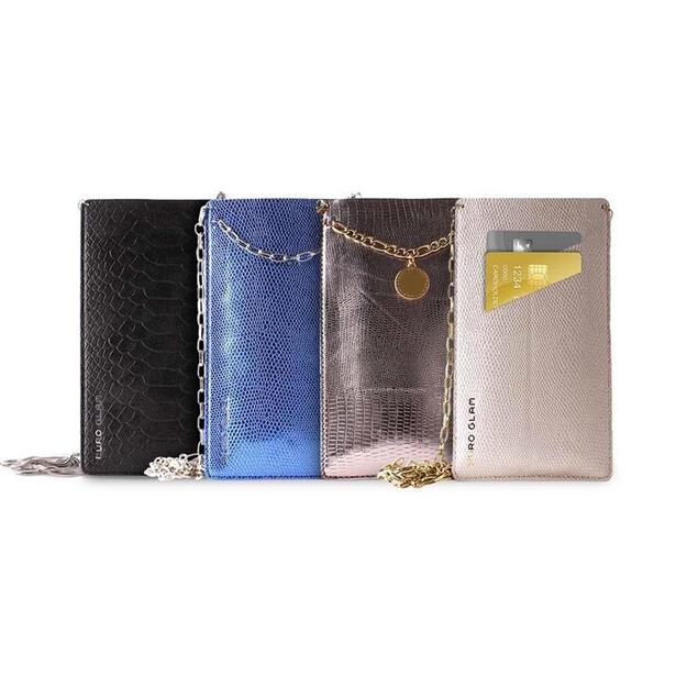 PURO GLAM grandinėlė – universalus dėklas išmaniesiems telefonams su 2 kortelių lizdais su auksine XL grandinėle (mėlyna) 2