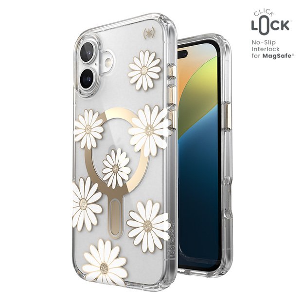 Speck Presidio Lux ClickLock & MagSafe – dėklas, skirtas iPhone 16 Plus (Sunshine Daisies / skaidrus / auksinis)