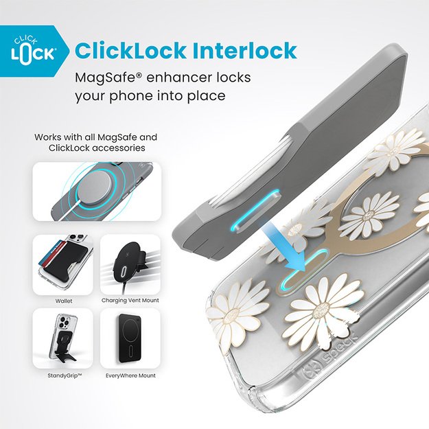 Speck Presidio Lux ClickLock & MagSafe – dėklas, skirtas iPhone 16 Plus (Sunshine Daisies / skaidrus / auksinis)