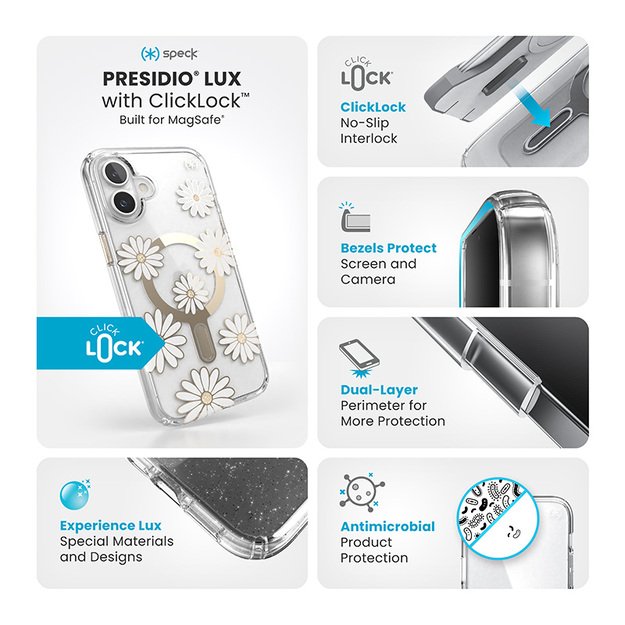 Speck Presidio Lux ClickLock & MagSafe – dėklas, skirtas iPhone 16 Plus (Sunshine Daisies / skaidrus / auksinis)