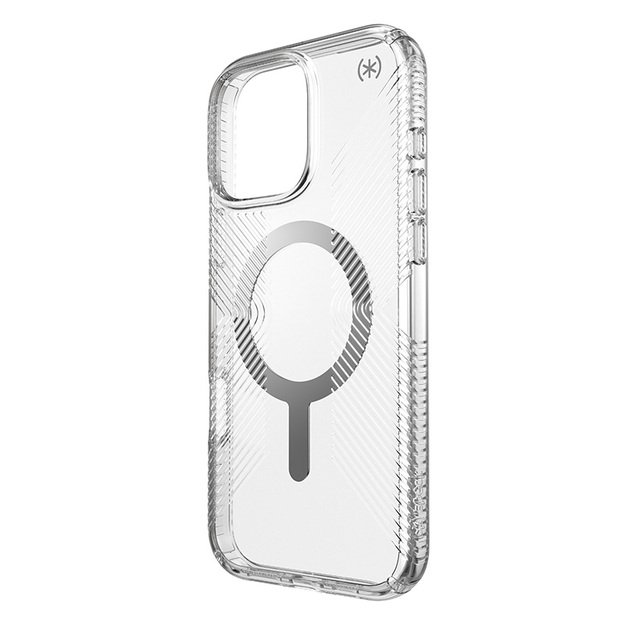 Speck Presidio Perfect-Clear Grip MagSafe – dėklas, skirtas iPhone 16 Pro Max (skaidrus / chromo apdaila / ramus sidabras)