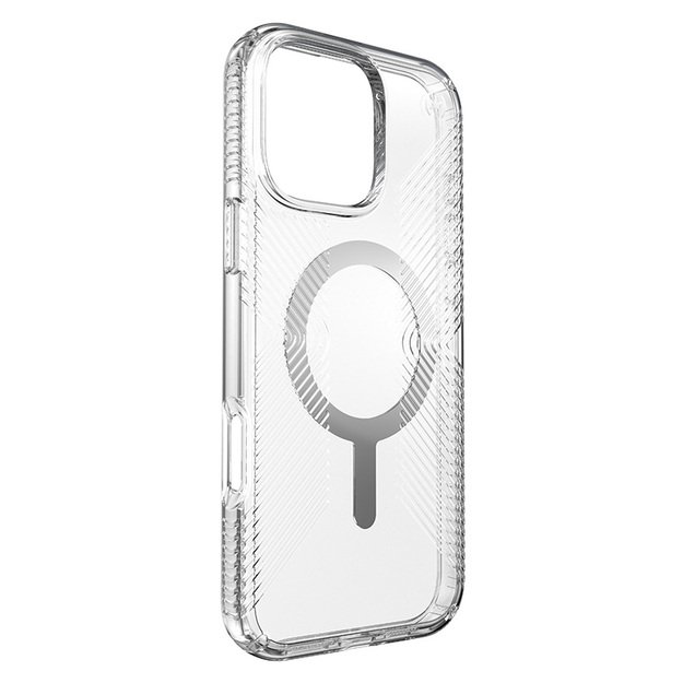 Speck Presidio Perfect-Clear Grip MagSafe – dėklas, skirtas iPhone 16 Pro Max (skaidrus / chromo apdaila / ramus sidabras)