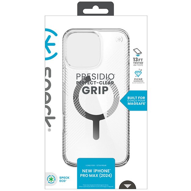 Speck Presidio Perfect-Clear Grip MagSafe – dėklas, skirtas iPhone 16 Pro Max (skaidrus / chromo apdaila / ramus sidabras)