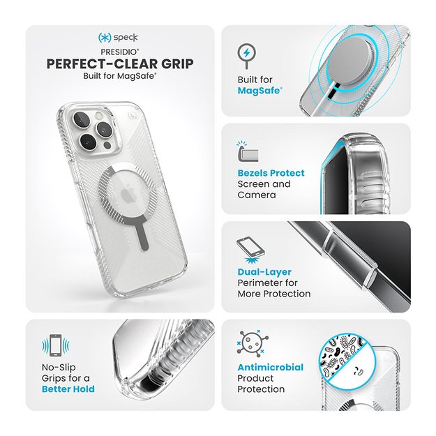 Speck Presidio Perfect-Clear Grip MagSafe – dėklas, skirtas iPhone 16 Pro Max (skaidrus / chromo apdaila / ramus sidabras)