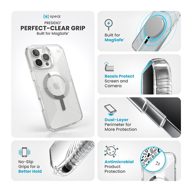 Speck Presidio Perfect-Clear Grip MagSafe – dėklas, skirtas iPhone 16 Pro Max (skaidrus / chromo apdaila / ramus sidabras) 20