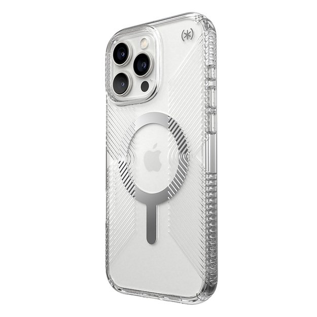 Speck Presidio Perfect-Clear Grip MagSafe – dėklas, skirtas iPhone 16 Pro Max (skaidrus / chromo apdaila / ramus sidabras) 25