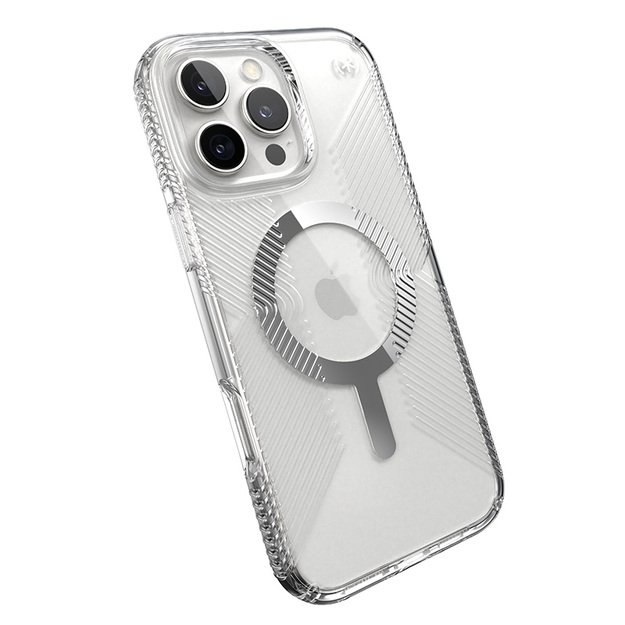 Speck Presidio Perfect-Clear Grip MagSafe – dėklas, skirtas iPhone 16 Pro Max (skaidrus / chromo apdaila / ramus sidabras) 22