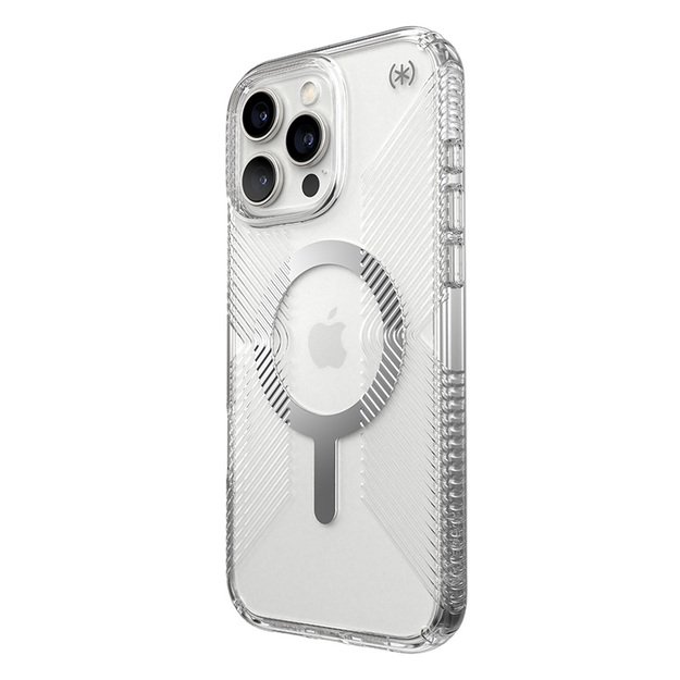 Speck Presidio Perfect-Clear Grip MagSafe – dėklas, skirtas iPhone 16 Pro Max (skaidrus / chromo apdaila / ramus sidabras)