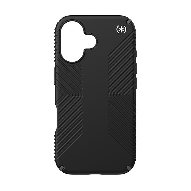 Speck Presidio2 Grip – dėklas, skirtas iPhone 16 (juodas / šiferio pilkas / baltas)