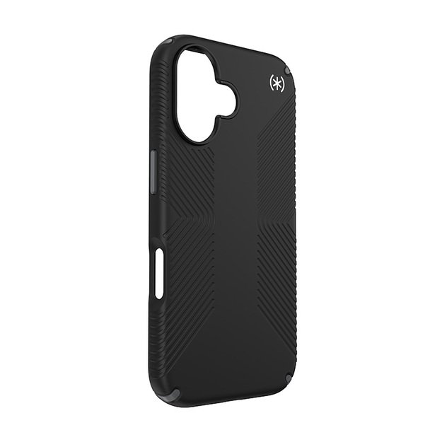 Speck Presidio2 Grip – dėklas, skirtas iPhone 16 (juodas / šiferio pilkas / baltas)