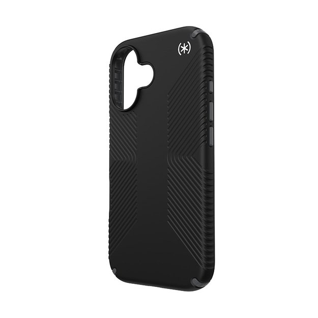 Speck Presidio2 Grip – dėklas, skirtas iPhone 16 (juodas / šiferio pilkas / baltas)