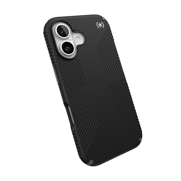 Speck Presidio2 Grip – dėklas, skirtas iPhone 16 (juodas / šiferio pilkas / baltas)