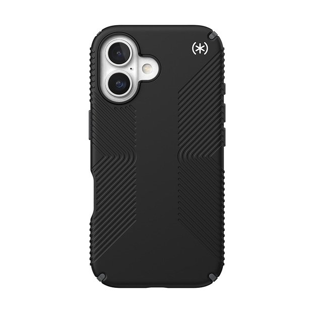 Speck Presidio2 Grip – dėklas, skirtas iPhone 16 (juodas / šiferio pilkas / baltas)