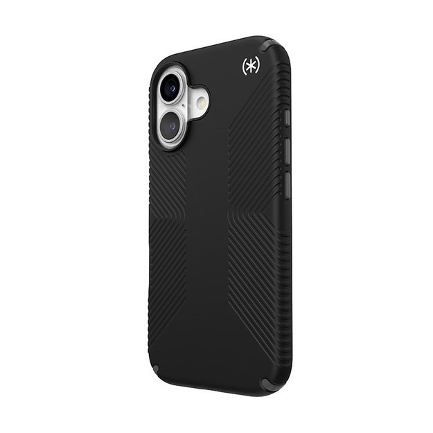 Speck Presidio2 Grip – dėklas, skirtas iPhone 16 (juodas / šiferio pilkas / baltas)