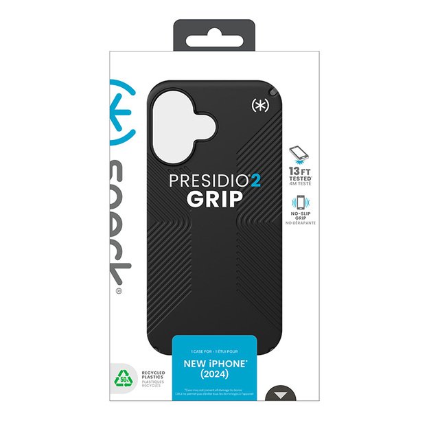 Speck Presidio2 Grip – dėklas, skirtas iPhone 16 (juodas / šiferio pilkas / baltas)