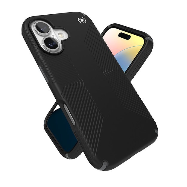 Speck Presidio2 Grip – dėklas, skirtas iPhone 16 (juodas / šiferio pilkas / baltas)