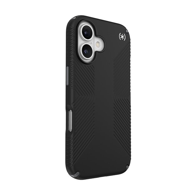 Speck Presidio2 Grip – dėklas, skirtas iPhone 16 (juodas / šiferio pilkas / baltas)