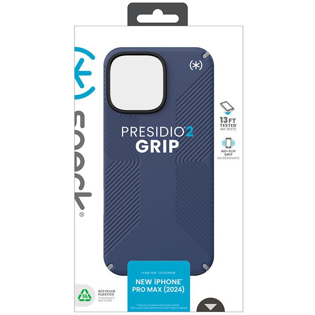 „Speck Presidio2 Grip“ – dėklas, skirtas „iPhone 16 Pro Max“ (pakrančių mėlyna / dulkių pilka / balta)