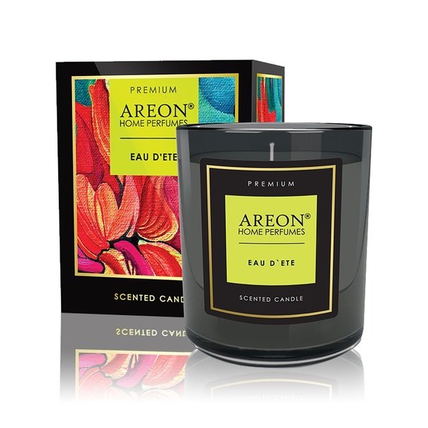 Aromatinė žvakė EAU D&rsquo;ETE su kortele palinkėjimui įra&scaron;yti ir degtukais (~40 h), 200g │ AREON  