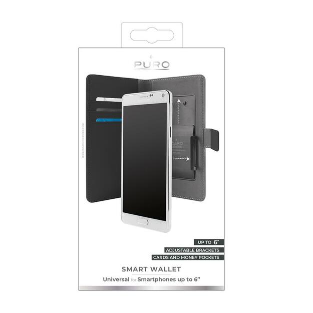 PURO Smart Wallet - Universalus dėklas su laikikliu fotografavimui su kišenėmis kortelėms ir pinigams, XXL dydis (juodas)