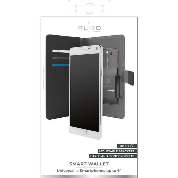 PURO Smart Wallet - Universalus dėklas su laikikliu fotografavimui su kišenėmis kortelėms ir pinigams, XXL dydis (juodas)
