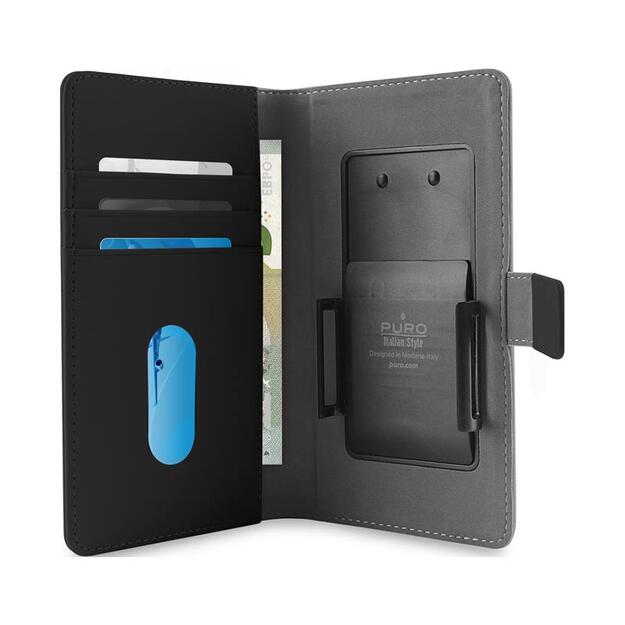 PURO Smart Wallet - Universalus dėklas su laikikliu fotografavimui su kišenėmis kortelėms ir pinigams, XXL dydis (juodas)