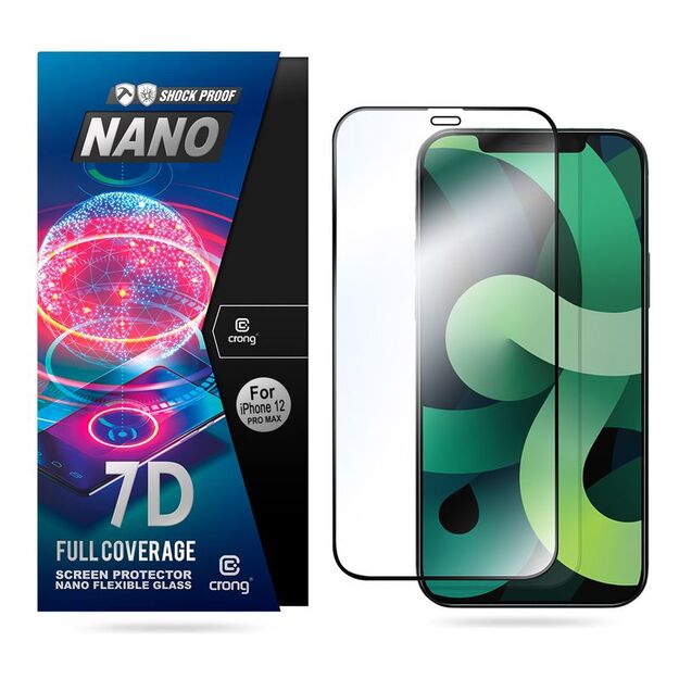 Crong 7D nano lankstus stiklas – pilnai dengianti hibridinė ekrano apsauga 9H iPhone 6.1 iPhone 12 Pro Max