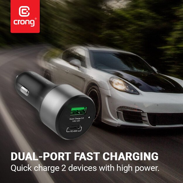 Crong Power Car Charger 63W – USB-C PD 45W automobilinis įkroviklis + USB QC 3.0 18W (juodas)