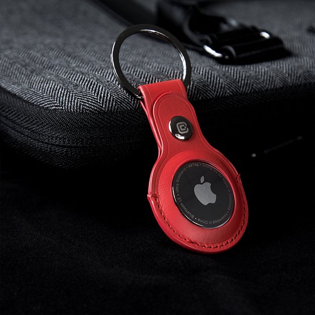 Crong odinis dėklas su raktų pakabu – odinis apsauginis pakabuko dėklas, skirtas Apple AirTag (raudonas)