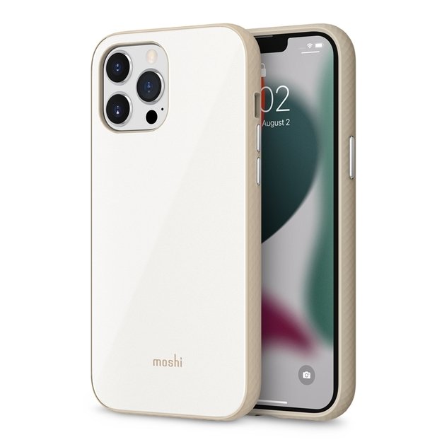 „Moshi iGlaze“ – aukščiausios kokybės hibridinis dėklas, skirtas „iPhone 13 Pro Max“ („SnapTo“ sistema) („Pearl White“)