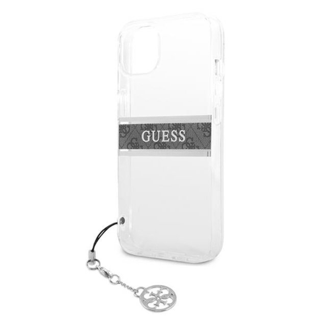 Guess 4G Stripe Grey Charm – dėklas, skirtas iPhone 13 mini (skaidrus)