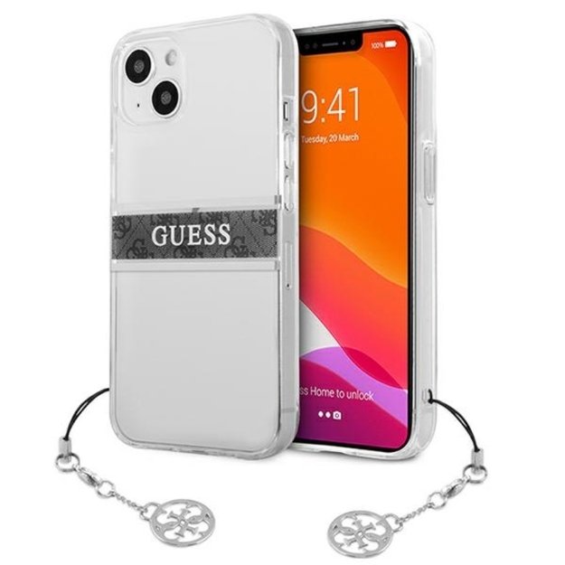 Guess 4G Stripe Grey Charm – dėklas, skirtas iPhone 13 mini (skaidrus)