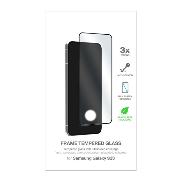 PURO Frame Tempered Glass – grūdintas stiklas, skirtas Samsung Galaxy S23 (juodas rėmelis)