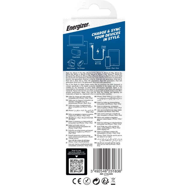 Energizer Ultimate – nuo USB-A iki Lightning 90° MFi sertifikuotas žaidimų laidas 2 m (baltas)