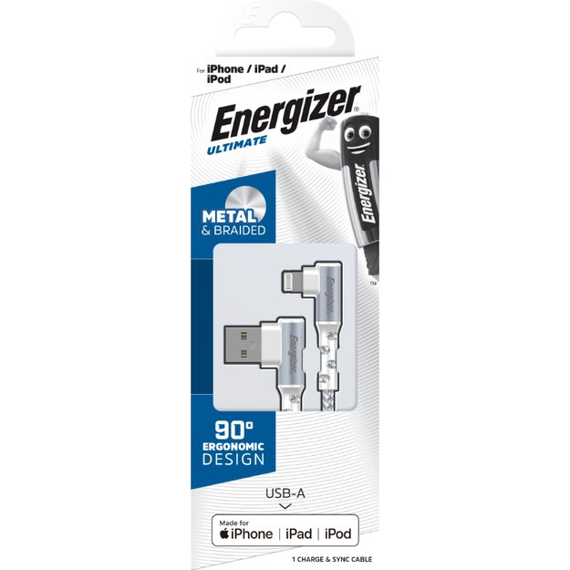 Energizer Ultimate – nuo USB-A iki Lightning 90° MFi sertifikuotas žaidimų laidas 2 m (baltas)