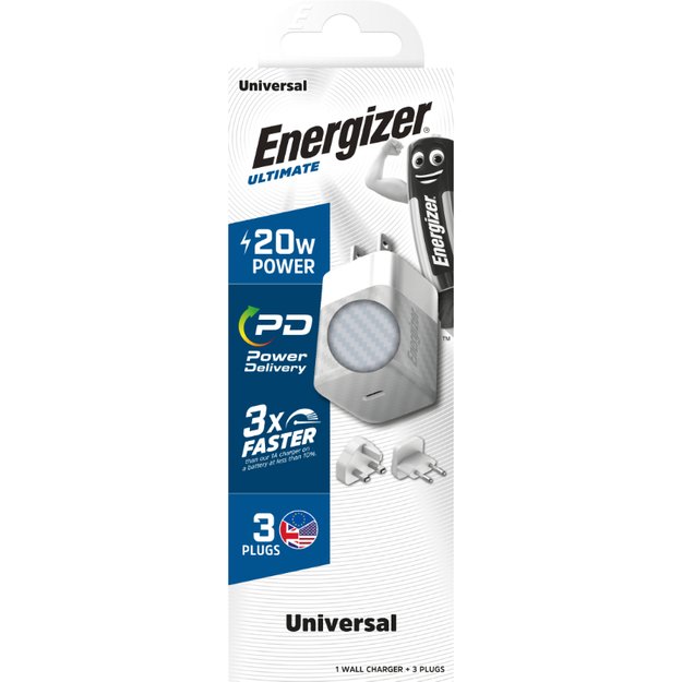 Energizer Ultimate – kelių kištukų EU / JK / JAV GaN 20 W PD tinklo įkroviklis (sidabrinis)