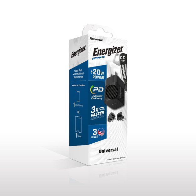 Energizer Ultimate – kelių kištukų ES / JK / JAV GaN 20 W PD tinklo įkroviklis (juodas)