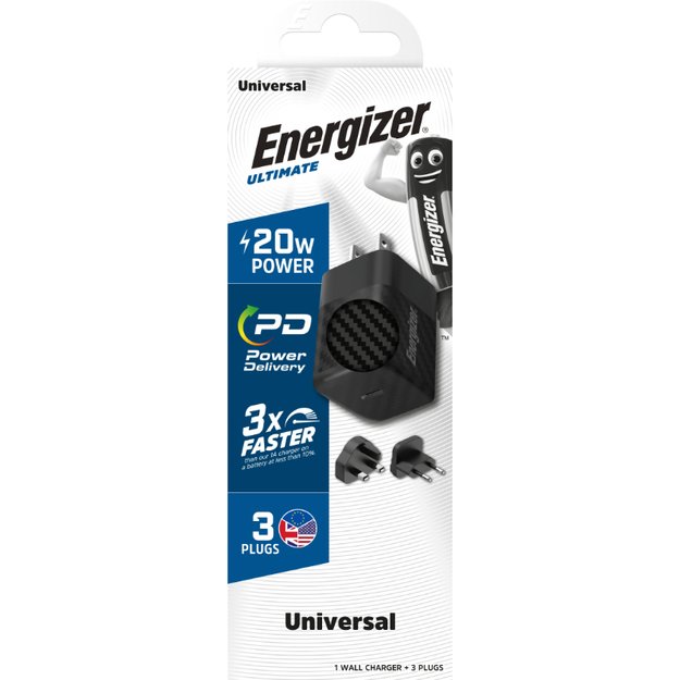 Energizer Ultimate – kelių kištukų ES / JK / JAV GaN 20 W PD tinklo įkroviklis (juodas)