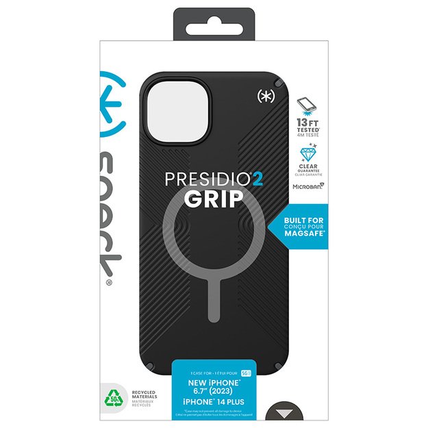 Speck Presidio2 Grip Magsafe – dėklas, skirtas iPhone 15 Plus / iPhone 14 Plus (juodas / šiferio pilkas / baltas)