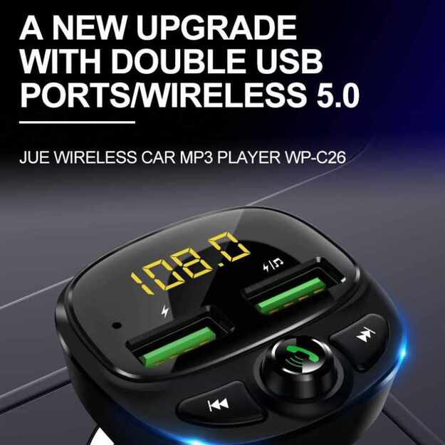 WEKOME WP-C26 – Bluetooth / MicroSD / 2x USB-A FM siųstuvas + 17 W automobilinis įkroviklis (juodas)