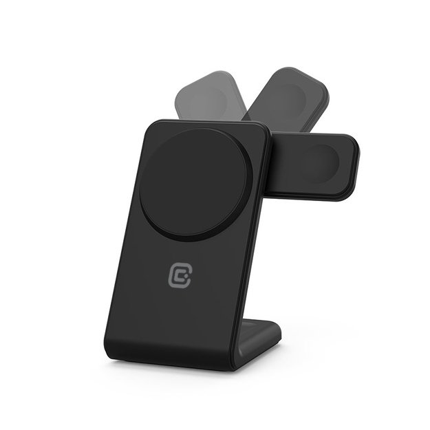Crong MagSpot Pivot Stand – MagSafe įkroviklis skirtas iPhone, Apple Watch ir AirPods (Shadow Black)