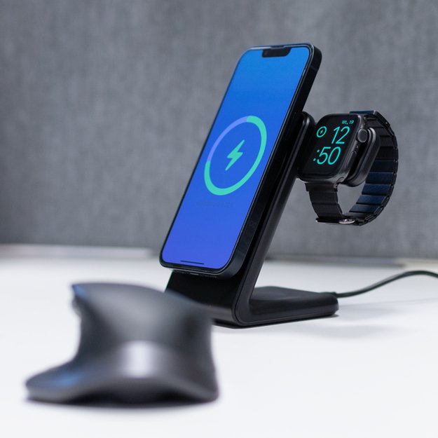 Crong MagSpot Pivot Stand – MagSafe įkroviklis skirtas iPhone, Apple Watch ir AirPods (Shadow Black)