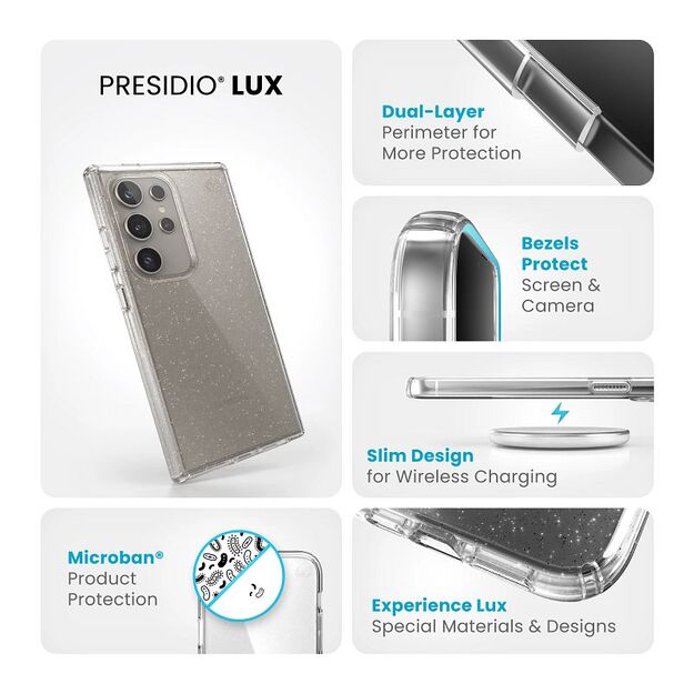 Speck Presidio Lux Glitter – dėklas, skirtas Samsung Galaxy S24 Ultra (Clear / Gold Glitter)