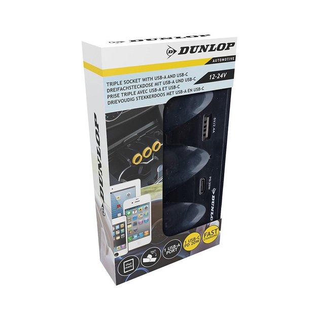 Dunlop – USB-A + USB-C 20W PD automobilinis įkroviklis / 3x 12/24V cigarečių degiklio lizdo skirstytuvas (juodas)