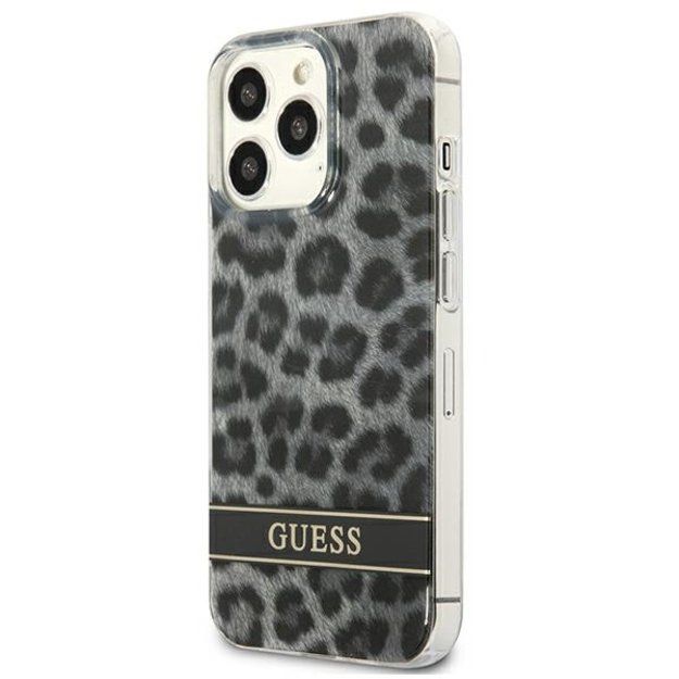 Guess Leopard Electro Stripe – dangtelis, skirtas iPhone 13 Pro (pilkas)