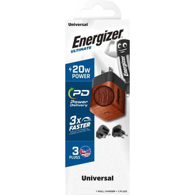 Energizer Ultimate – kelių kištukų ES / JK / JAV GaN 20 W PD tinklo įkroviklis (Walnut Burl)