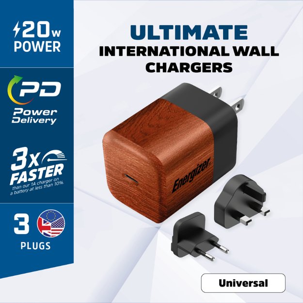 Energizer Ultimate – kelių kištukų ES / JK / JAV GaN 20 W PD tinklo įkroviklis (Walnut Burl)