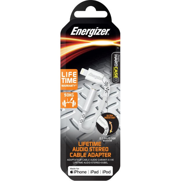 „Energizer HardCase“ – „Lightning“ iki 3,5 mm lizdo garso adapteris, MFi sertifikuotas 11 cm EU (baltas)