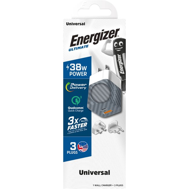 Energizer Ultimate – kelių kištukų ES / JK / JAV maitinimo įkroviklis GaN 38W PD + QC3.0 (sidabras)